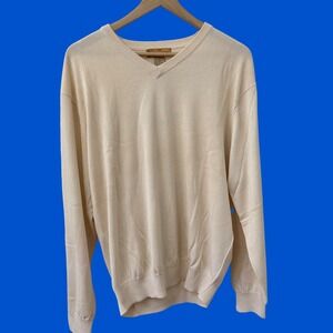 Bobby‎ Chan V-Neck Sweater Large Cream Silk Cotton Blend Long Sleeve
